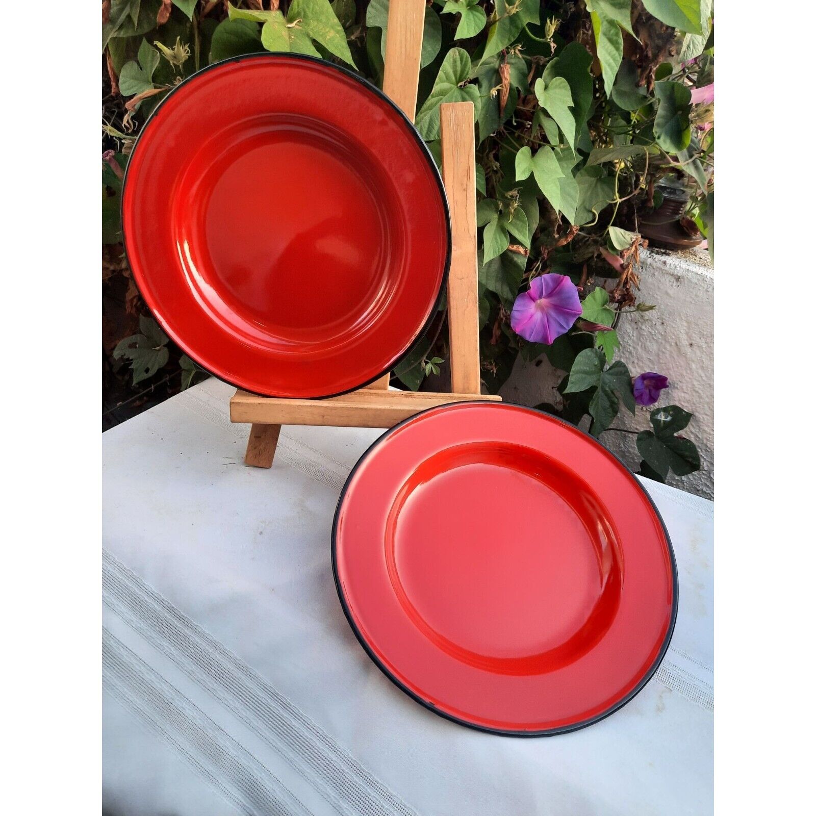 Vintage Hula Silesia Poland Red Enamelware Plates With Black Rim Pair 2 Pc