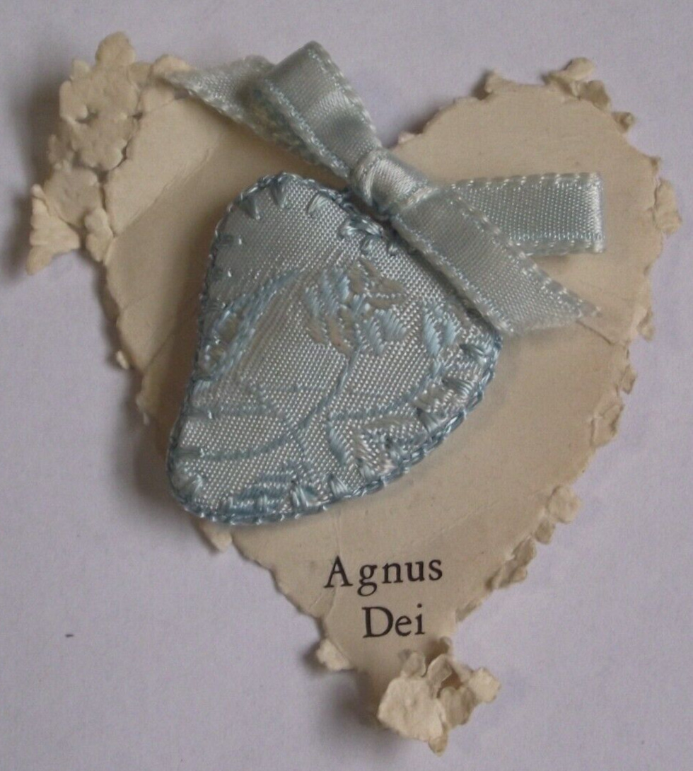 Vtg new worn paper card Agnus Dei embroidered relic badge religious heart shape