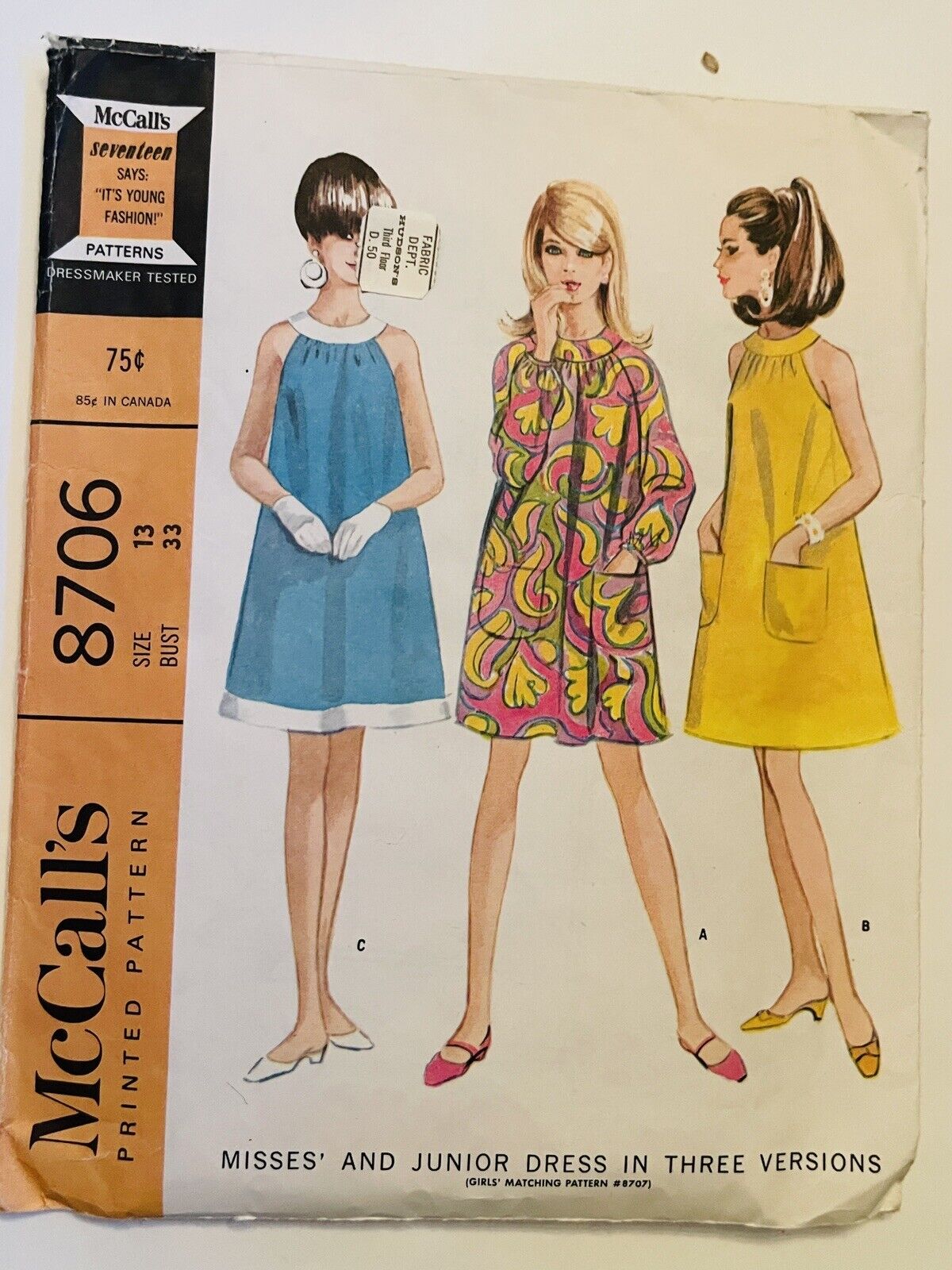 Vintage McCall's Pattern #8706 1960's A-line Mini Dress CUT Size 13 Bust 33