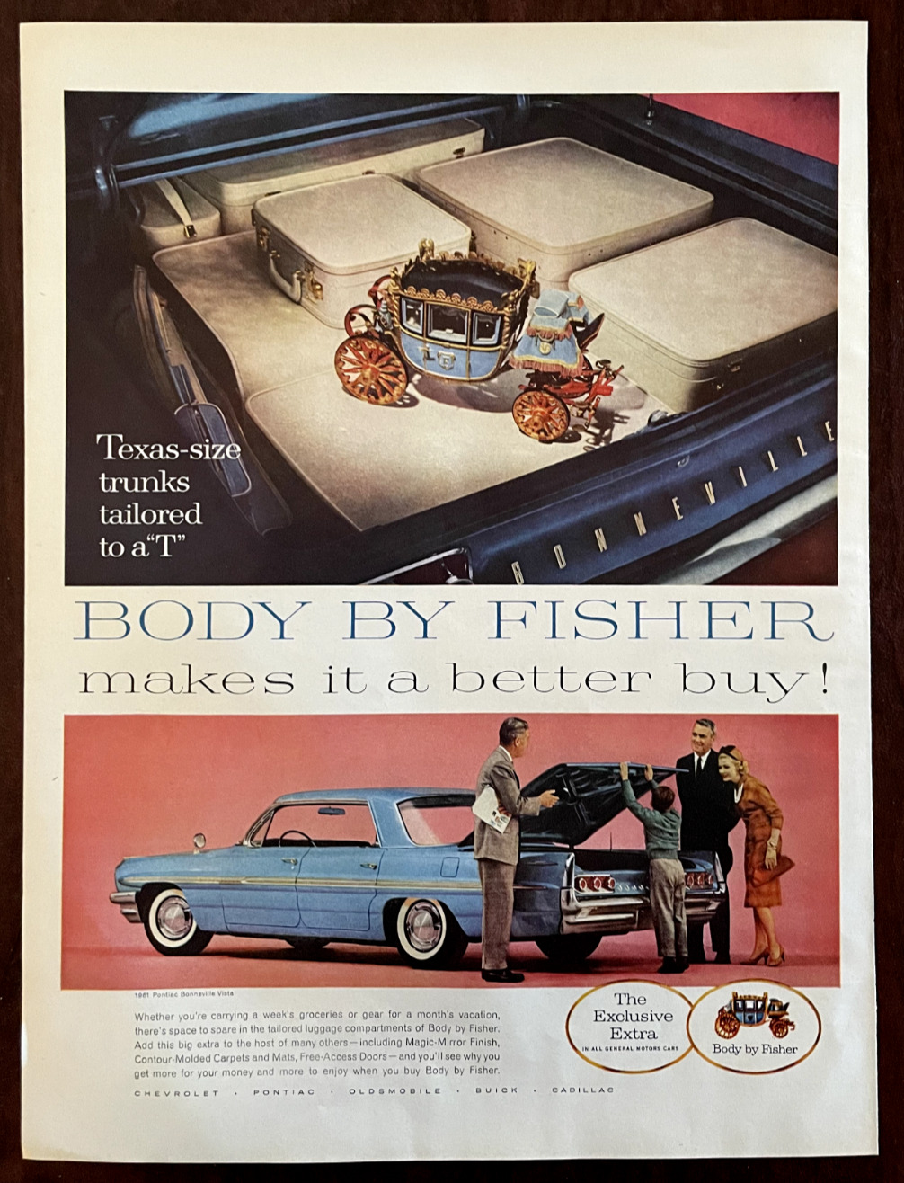 1961 BODY BY FISHER Vintage Print Ad Car Luggage GM Pontiac Bonneville Buick