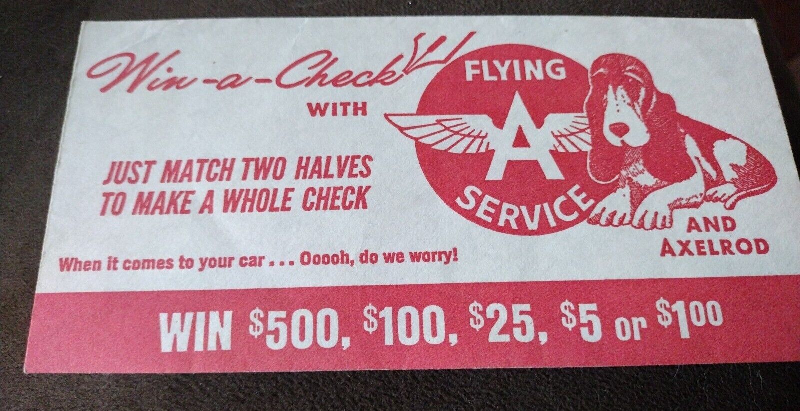 Vintage Flying A Service Rare Axelrod Gasoline Win A Check 1964 Game Piece.