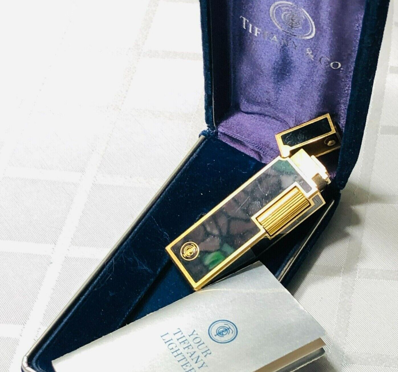 Vintage Tiffany & Co Gold Plated Lighter w Tiffany Blue Velvet Lined Case #3879