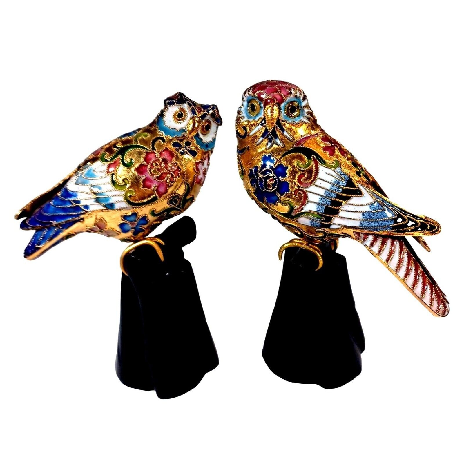 2 Vtg Cloisonne Enamel Gold Leaf Filigree Barn Great Horned Owl Figurines Perch