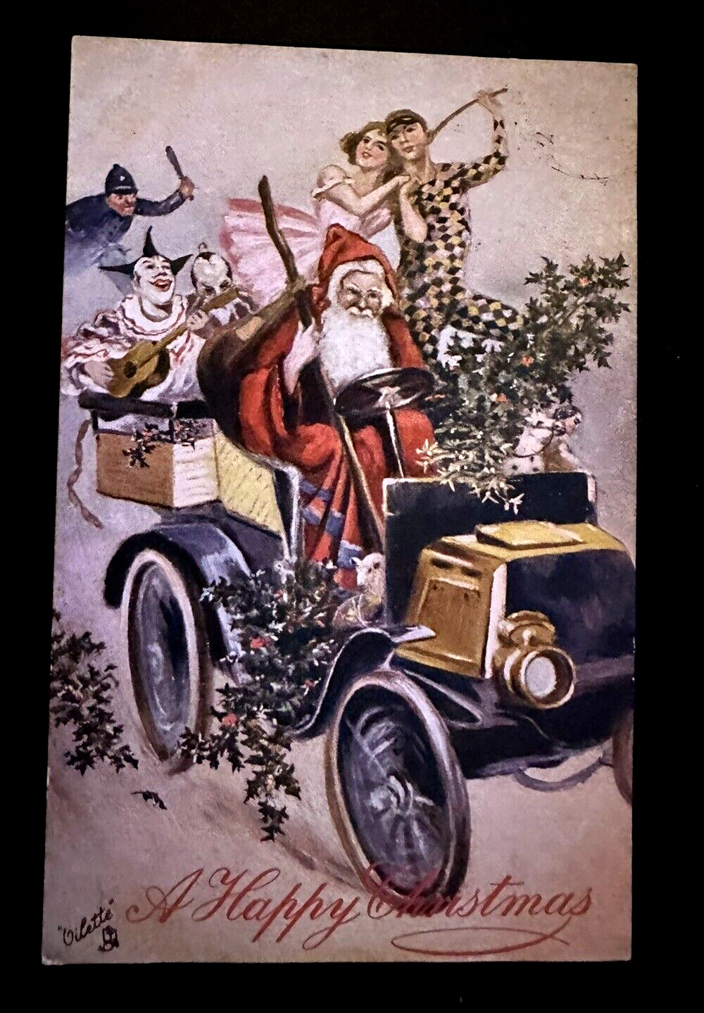 Policeman Chasing Santa Claus in Car~Clowns Tuck~Oilette Christmas~Postcard~h625