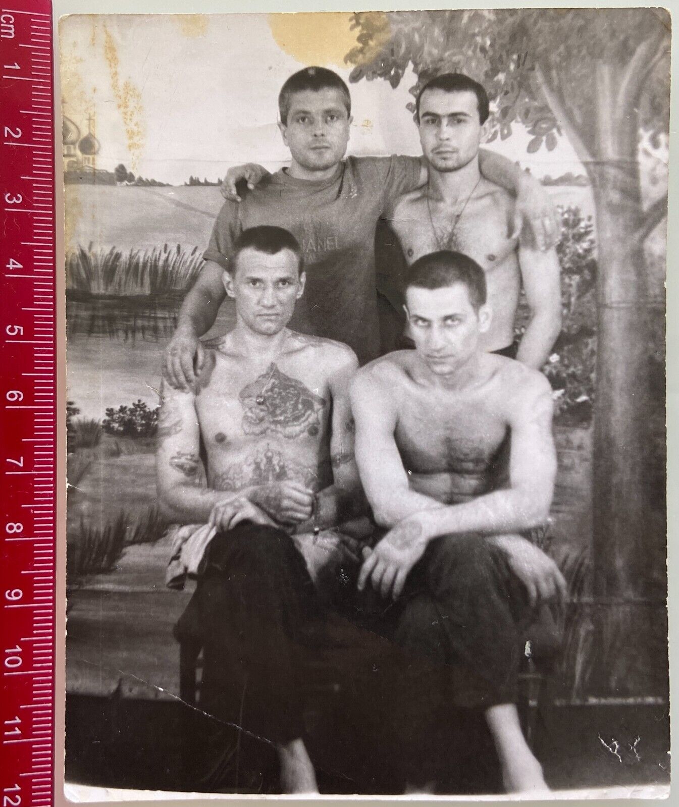RARE Russian Criminal Bosses Tattoo Prison Art USSR Shirtless Men Vintage Photo