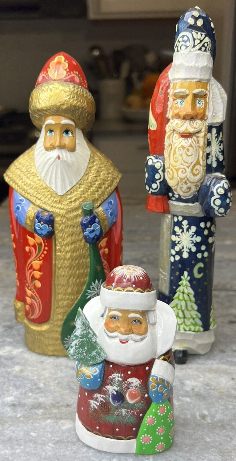 3 Vintage Genuine Russian Hand Carved/Painted Santa Father Frost Christmas