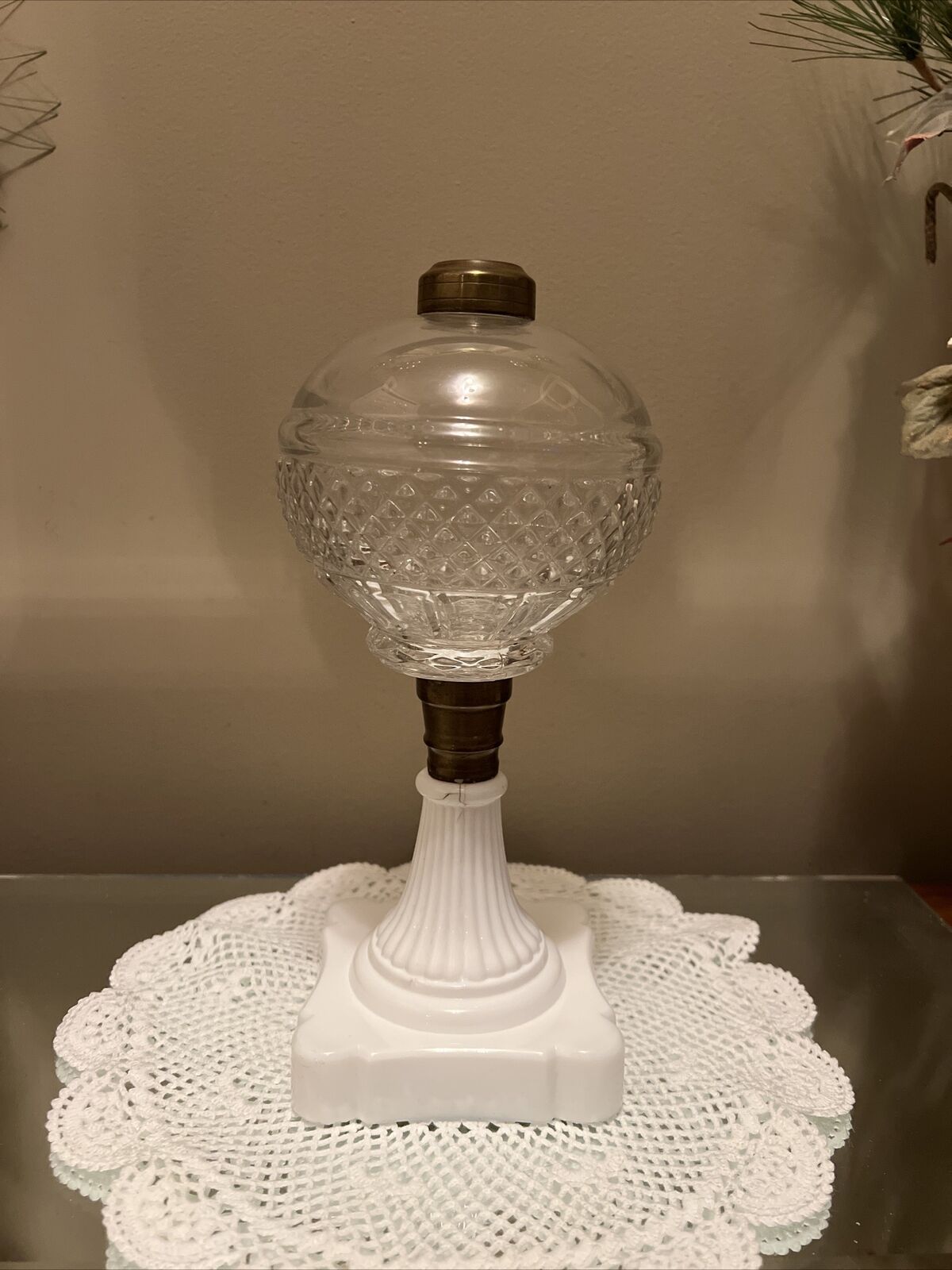 Pedestal Oil Lamp c1860s Antique Opaline Glass Base Sawtooth Band & Panel Font