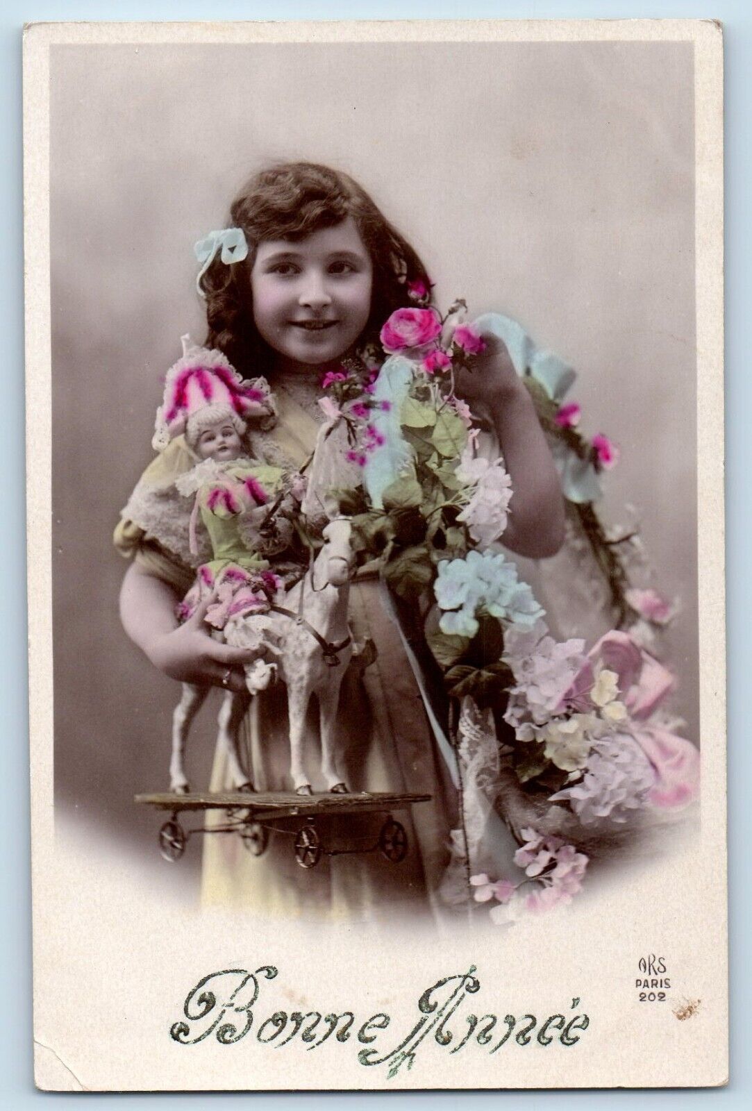 New Year Postcard RPPC Photo Bonne Annee Pretty Little Girl With Toy Flowers
