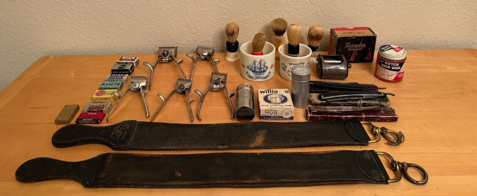 Vintage Lot Barbershop Shaving Blades, Clippers, Strops, Mugs, Brushes Sharpener