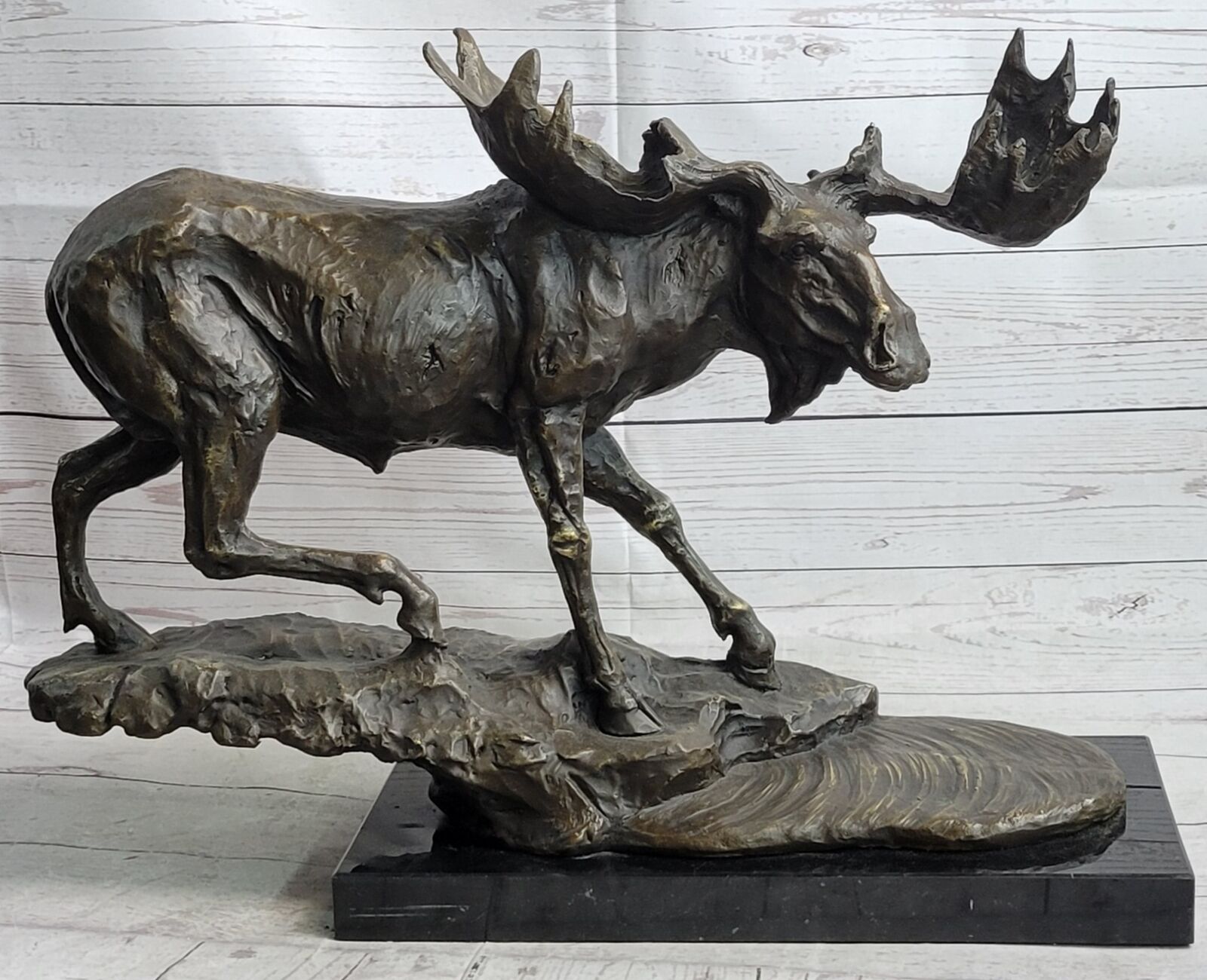 Bull Moose Bronze Statue Sculpture Figure Cabin Decor on Marble Base 16\