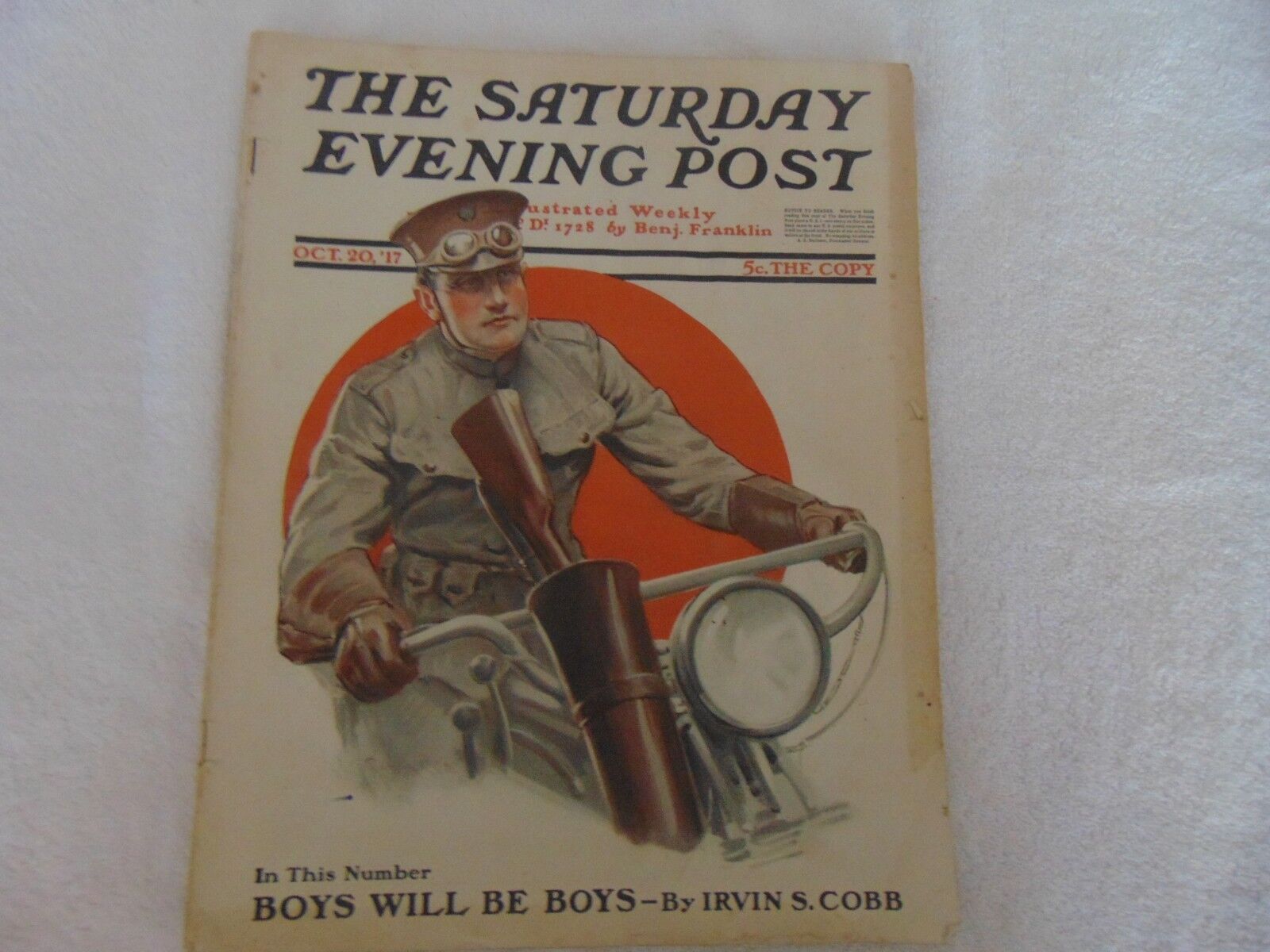  Saturday Evening Post Magazine WWI Soldier on War Motorcycle  October 20 1917