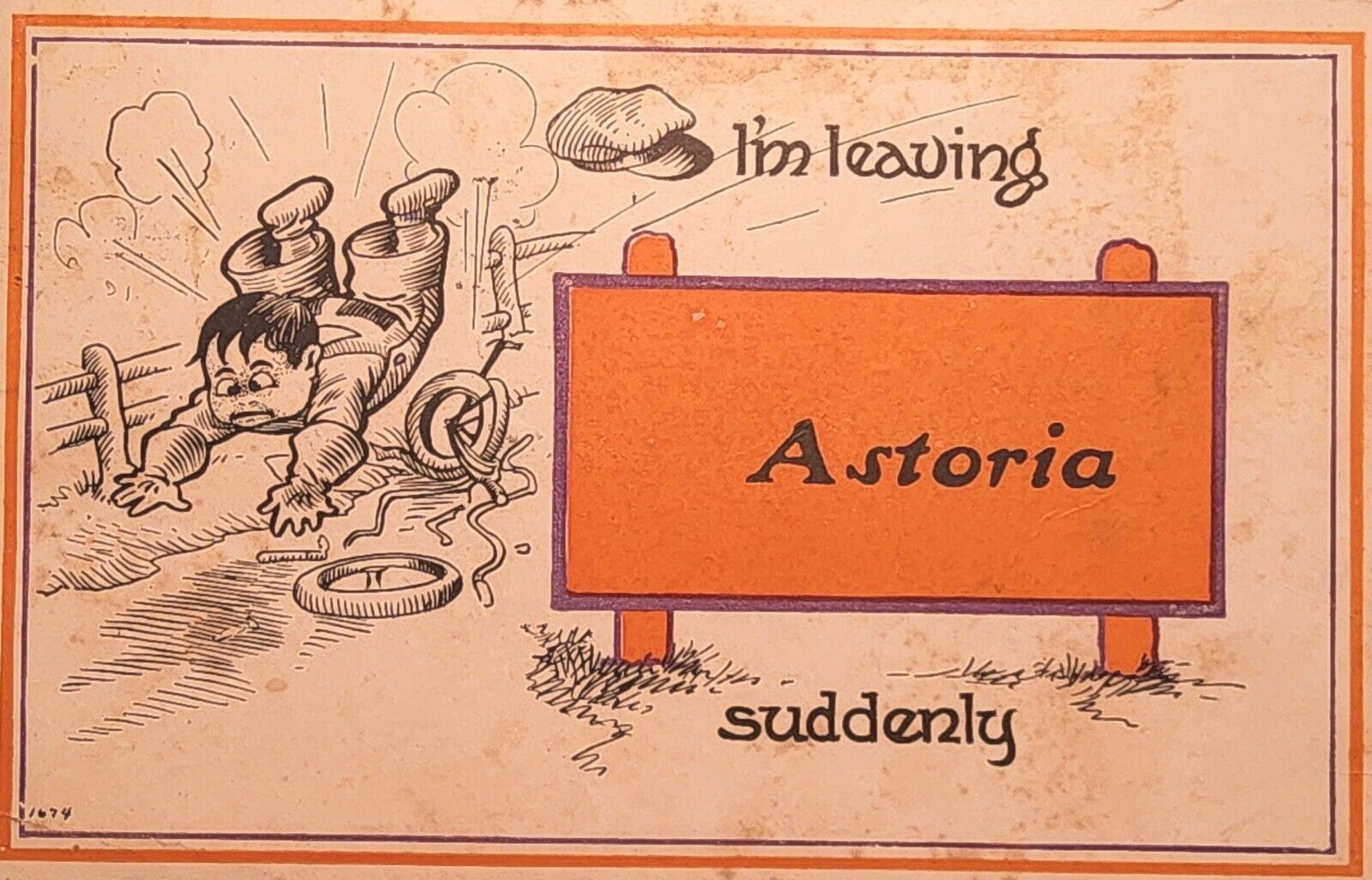 1915 Greetings Postcard ~ I'm Leaving Astoria, Illinois Suddenly. #-4113