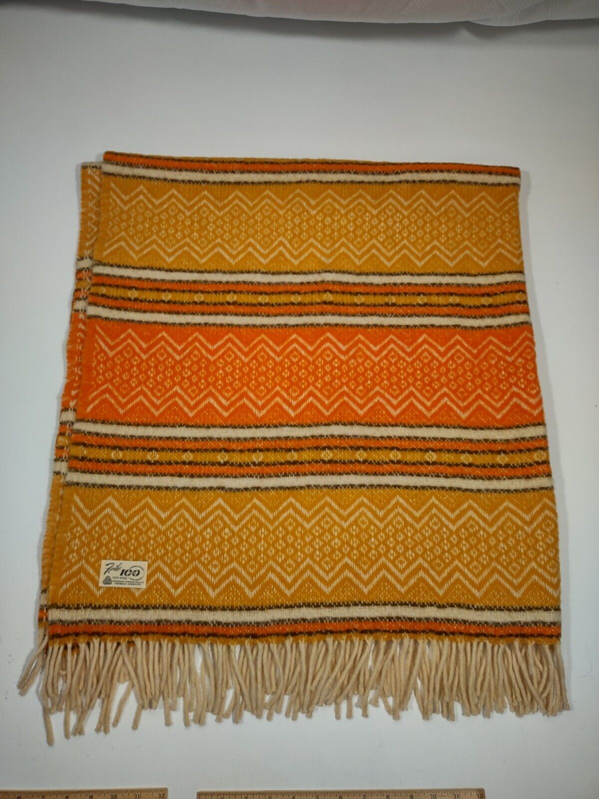 Vintage Faribo 100% Wool Fringed Throw Blanket Autumn Gold / Orange Mesa