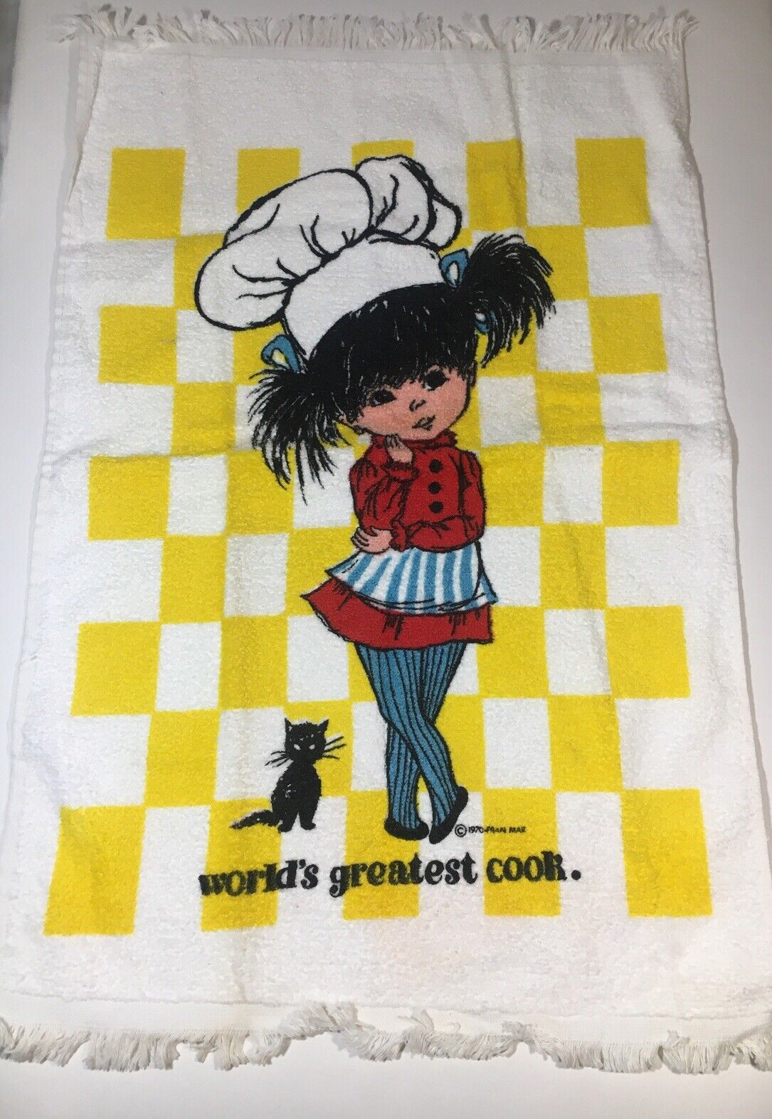 Vintage Kitchen Towel “World’s Greatest Cook” NOS 1970 Fran Mar 24” X 16”