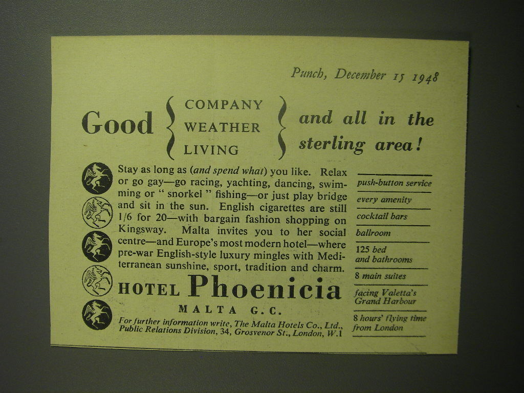 1948 Hotel Phoenicia Malta Ad - Good Company Weather Living