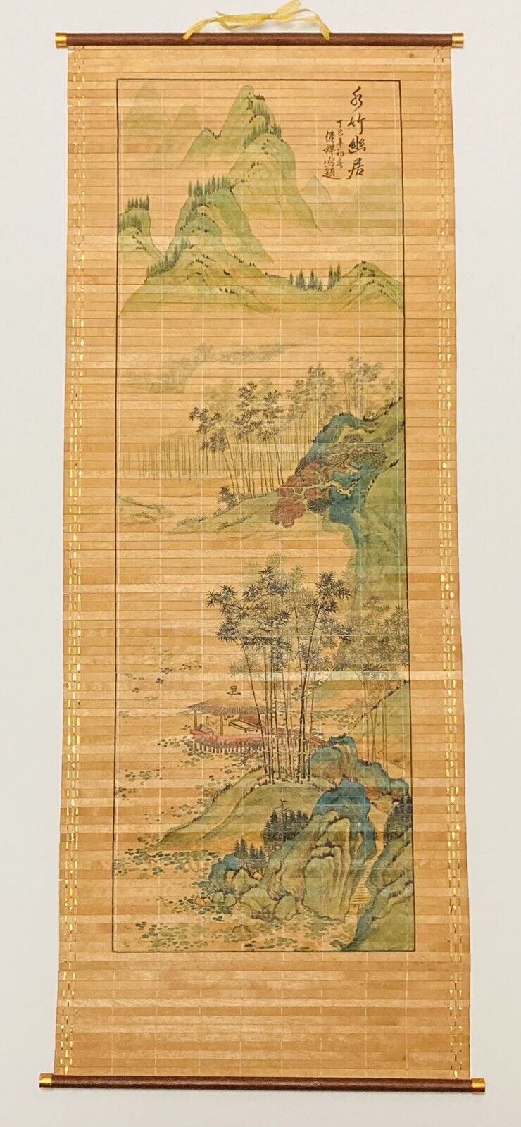 Vintage Asian Hand Painted Bamboo Scroll Wall Art Mountains Nature Scenic 33” X1