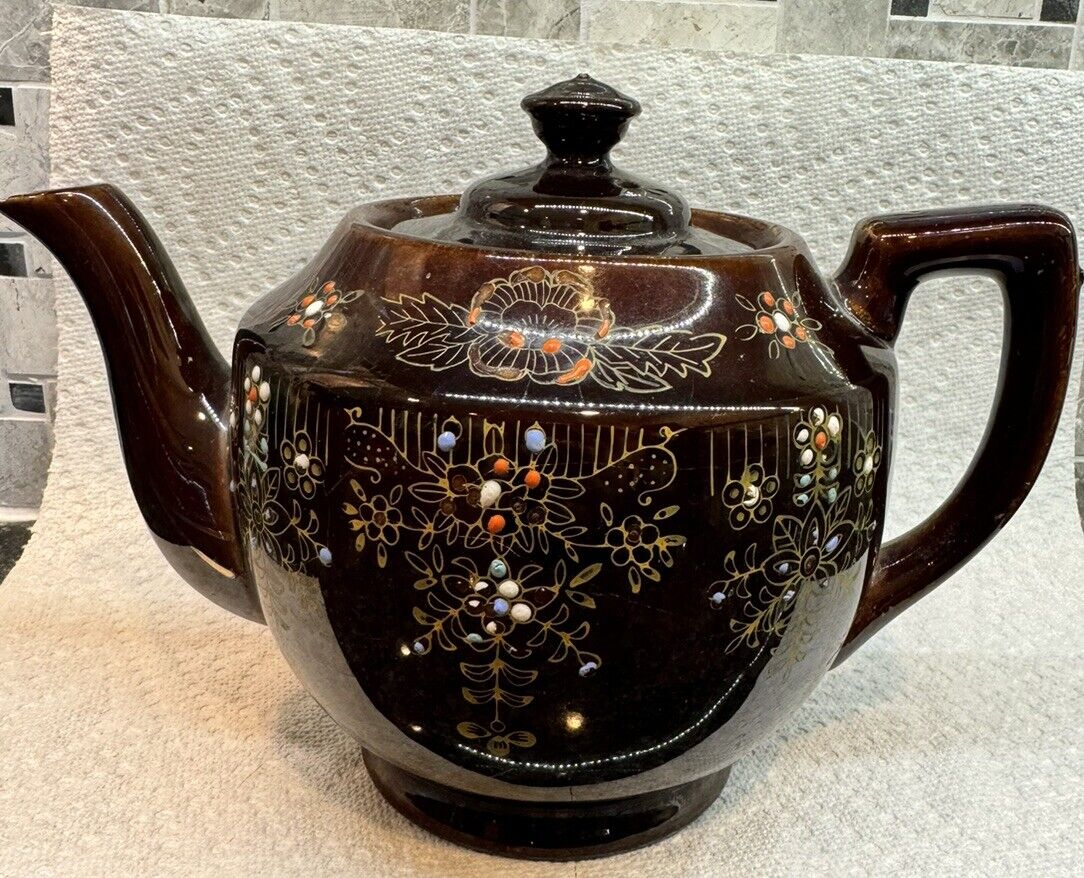 Vintage 1950’s Brown Glazed  Redware Hand Decorated Teapot From Japan