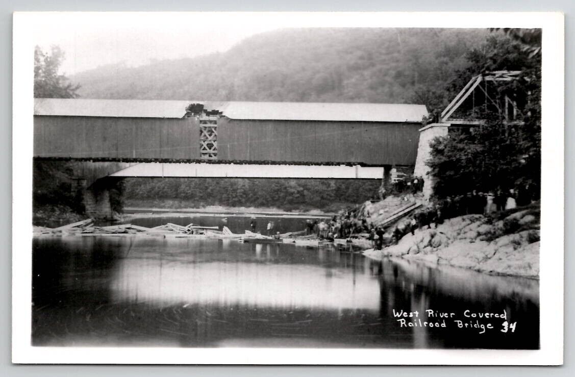 RPPC West River Central VT Covered Bridge And RR Bridge Collapse Postcard Q21