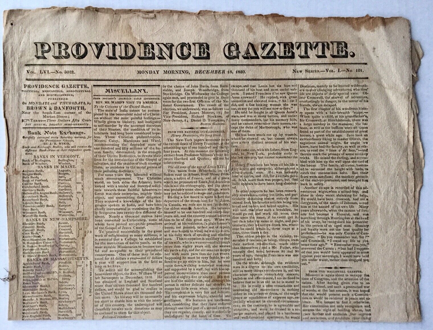 PROVIDENCE GAZETTE newspaper Rhode Island R.I. December 18 Brown & Danforth 1820
