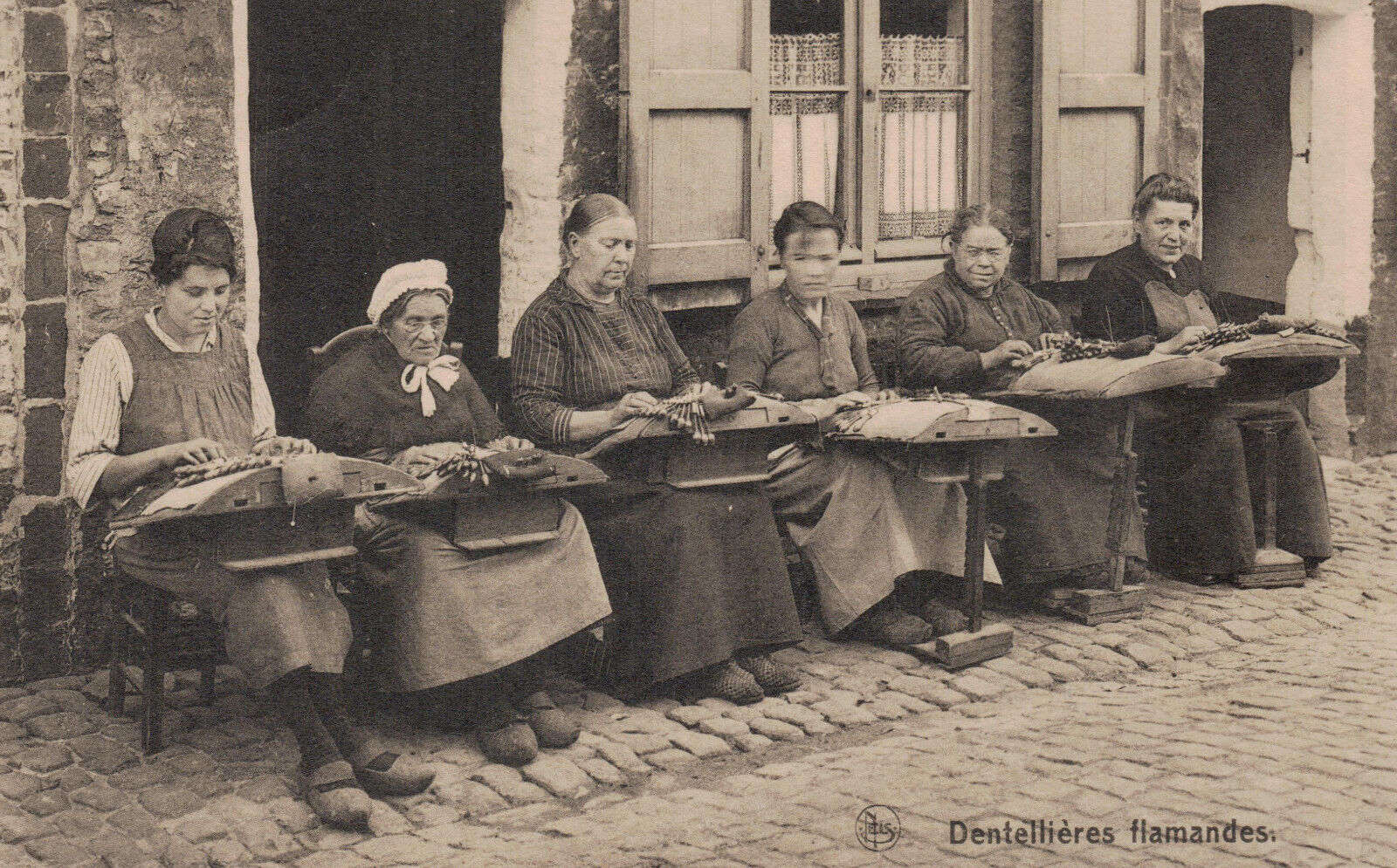 Flanders, Belgium, bobbin lace maker women, vintage postcard