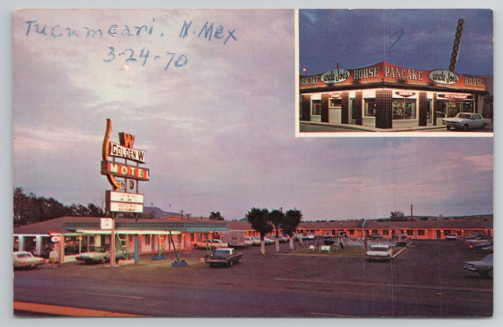 1967 Postcard Golden W Motel Tucumcari NM Route 66 Cars Inset Uncle Joe\'s