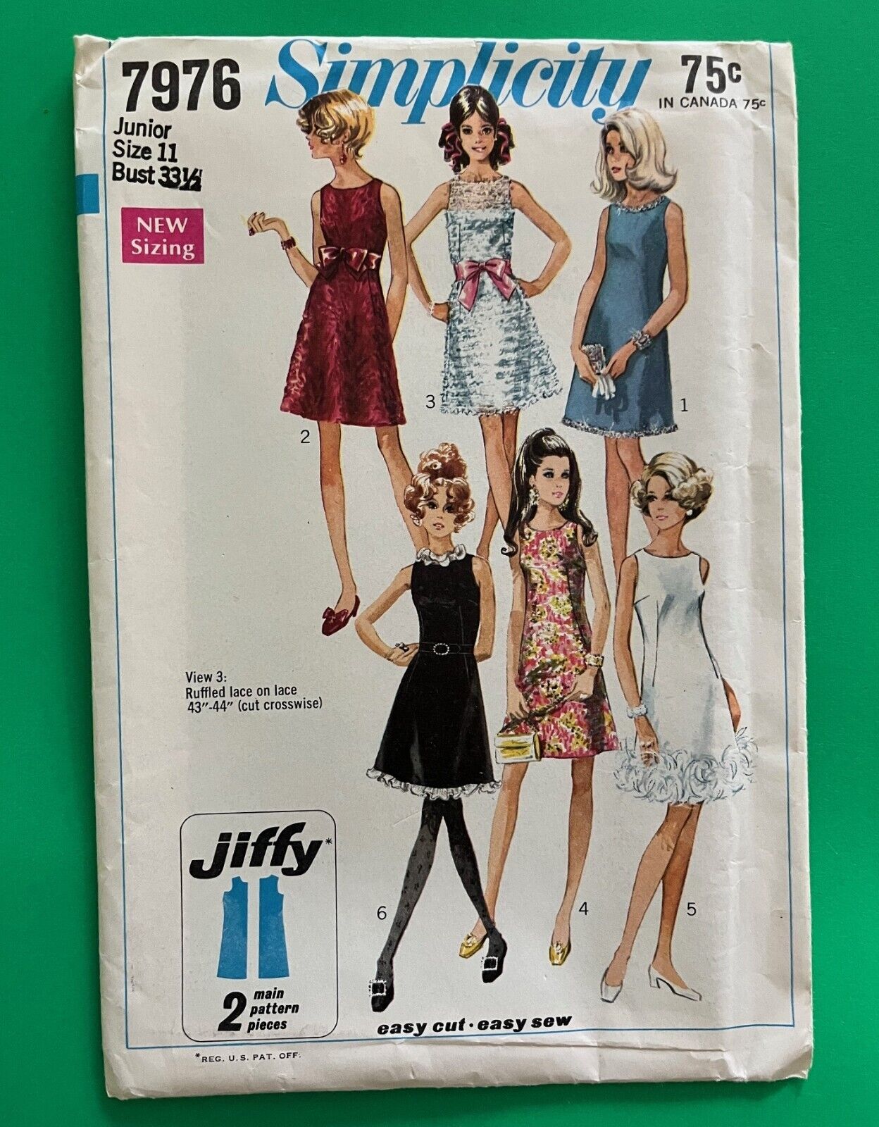 Simplicity sewing pattern #7976 Jiffy A-line dress options junior sz 11 vtg 1968