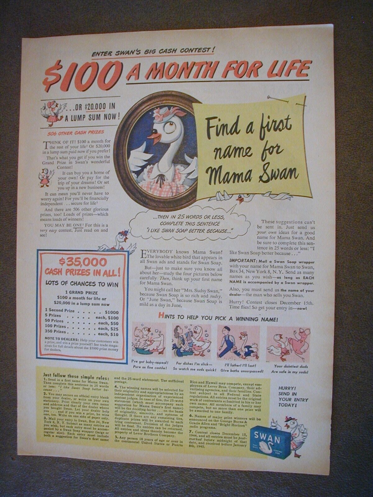 1944 Swan Soap, Kraft Mac & Cheese Dinner WWII  2 sided Vintage PRINT AD66