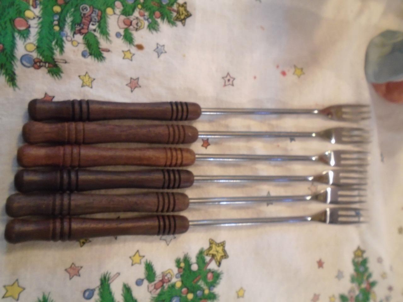 6 Stainless Steel Vintage Fondue Forks Wood Handle Japan in Original Box 10\