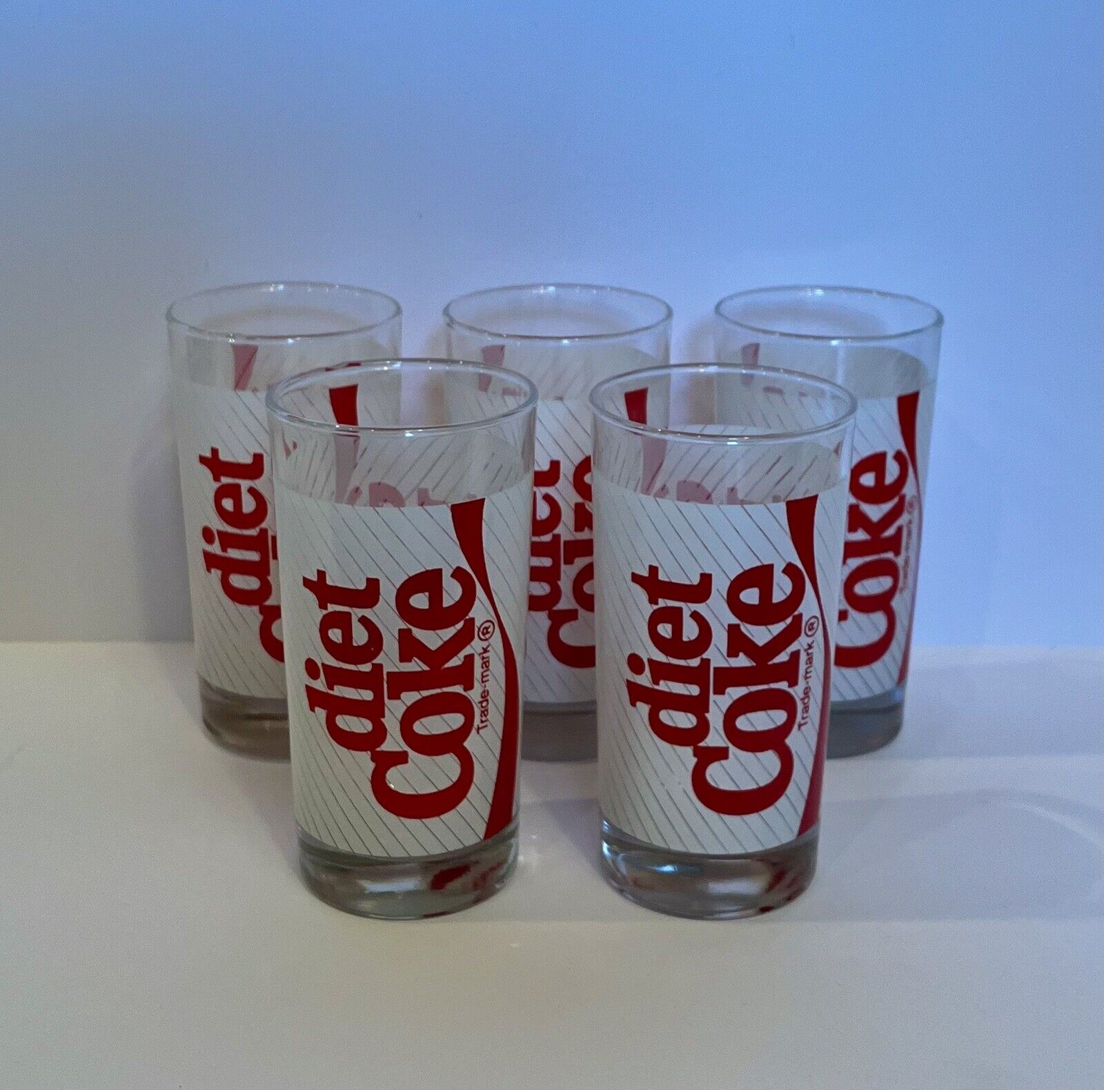 5 Vintage 1970s Diet Coke Soda Drinking Glasses Red Pinstripe Coca Cola 5.5”H