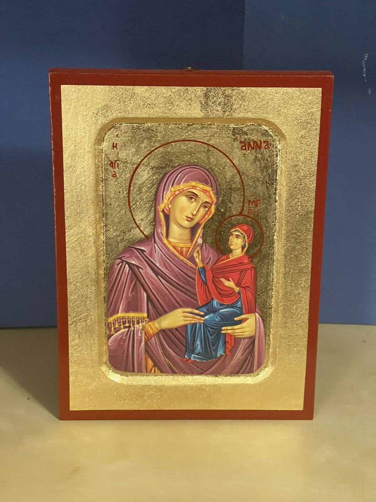 Saint Anne -GREEK RUSSIAN WOODEN ICON, CARVED WITH GOLD LEAVES 6x8 inch