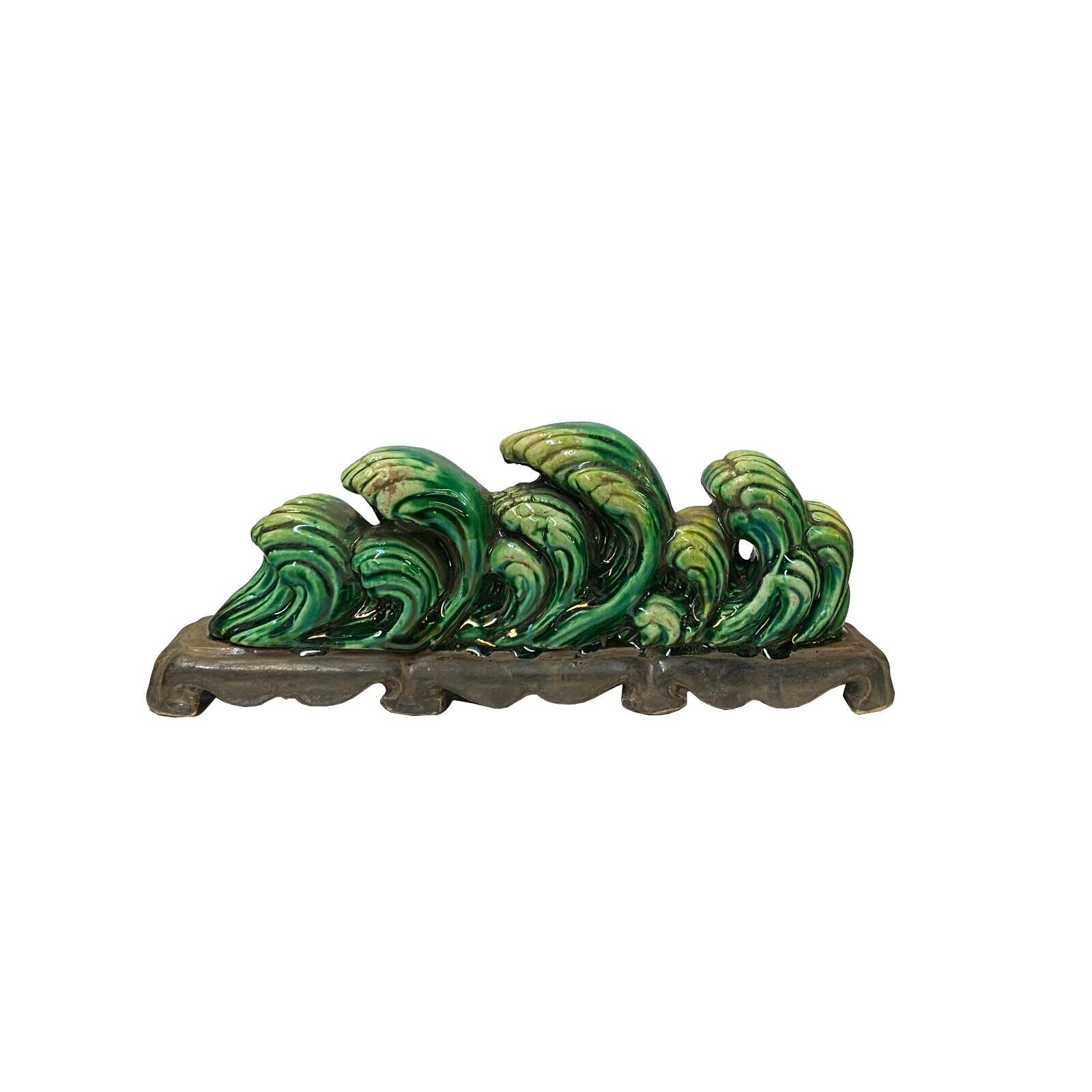 Pottery Ceramic Display Figure Green Glaze Wave Pattern Tabletop Art ws3194
