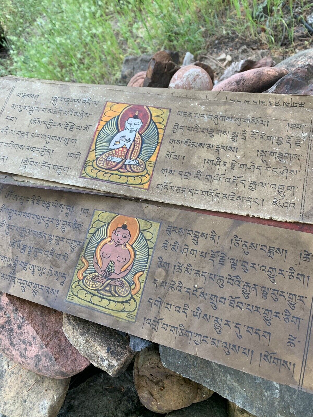 XXL Antique Tibetan Buddhist Wooden Prayer Book - Rare Handmade Himalayan Art