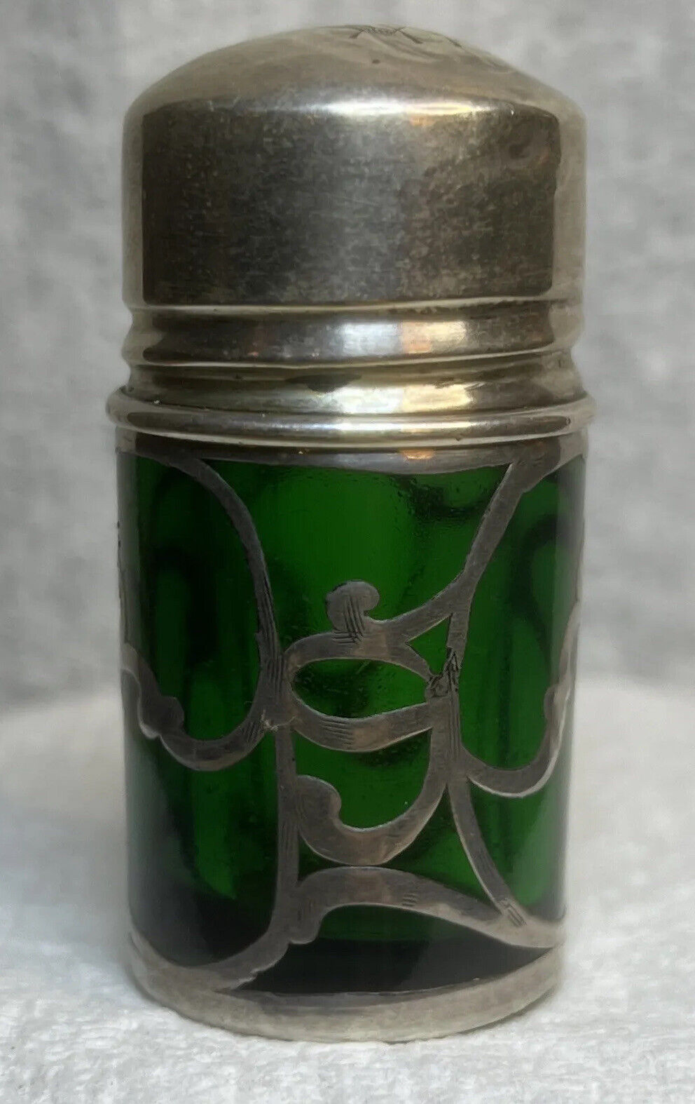 Antique Emerald Green Glass  with Sterling Silver Overlay Perfume Bottle