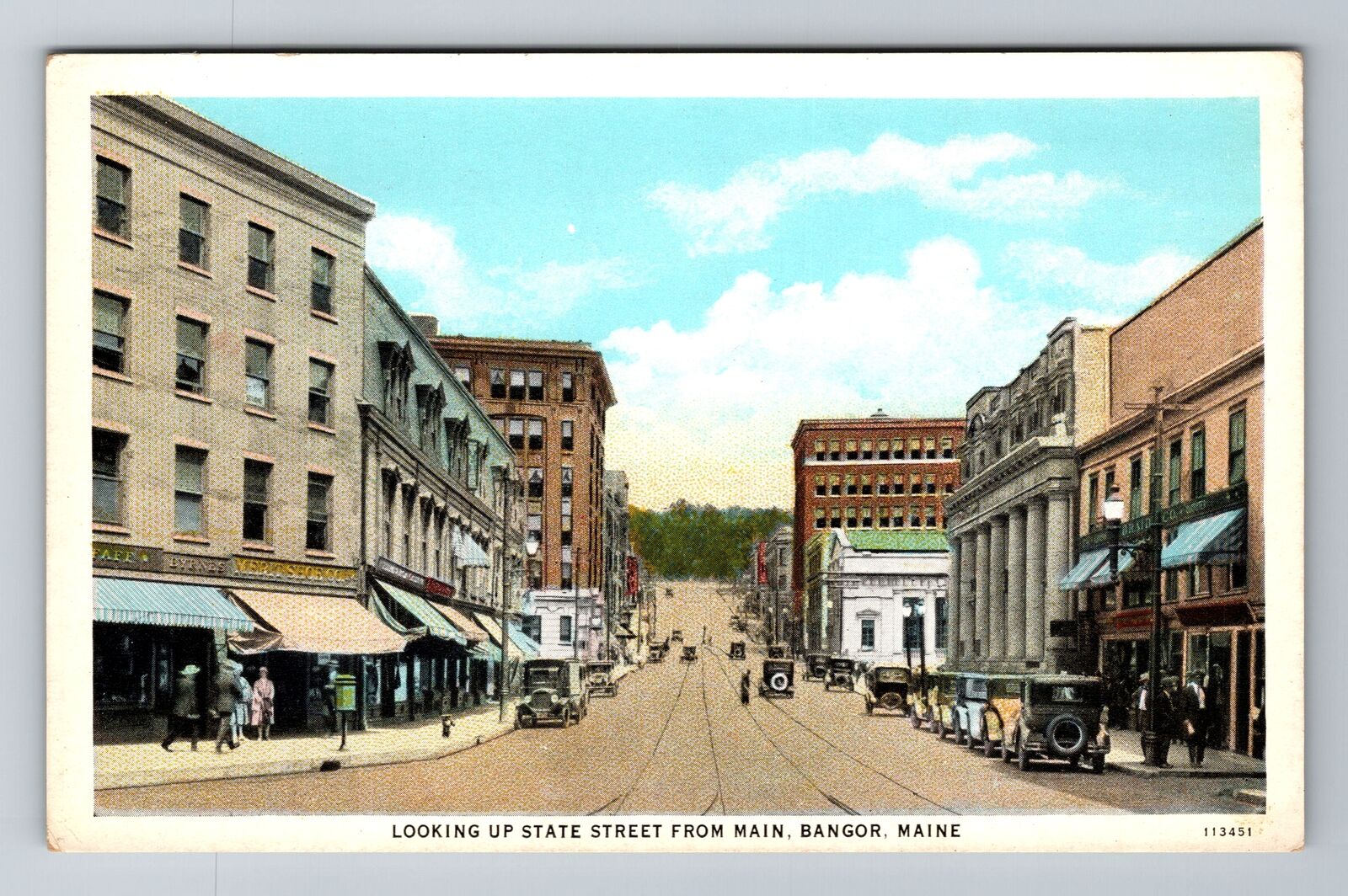 Bangor ME-Maine, Looking Up State Street, Antique Vintage Souvenir Postcard