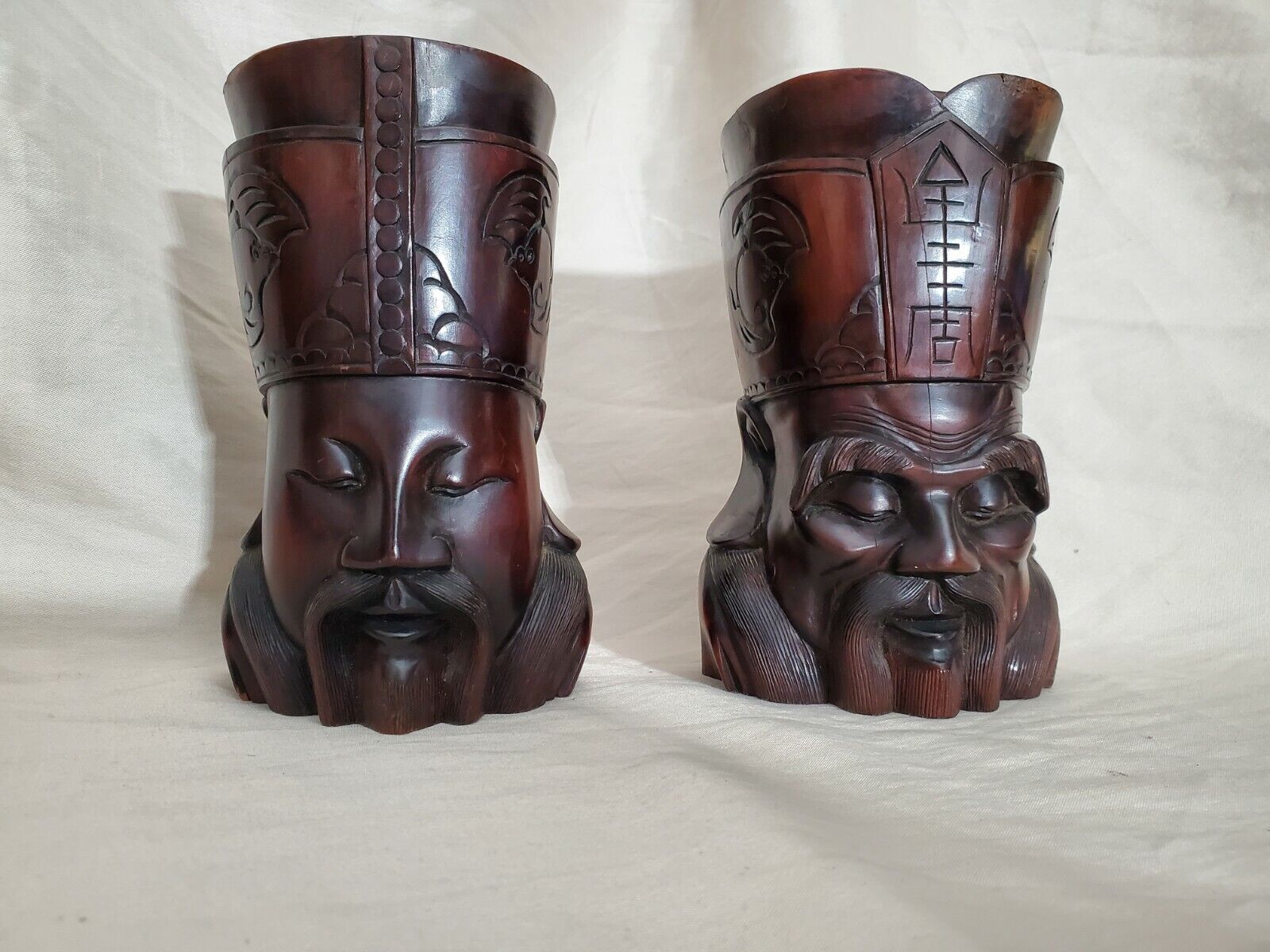 Unique Vintage Asian Wood Hand Carved Elder Wise Man Head Bust  Set Of 2