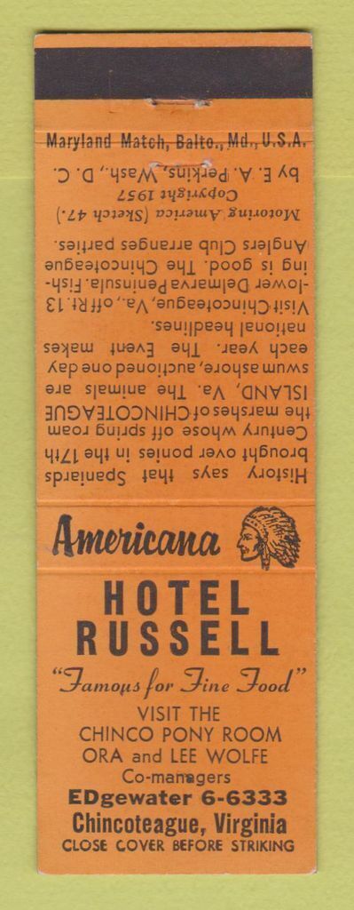 Matchbook Cover - Hotel Russell Chincoteague VA Perkins Americana ORANGE