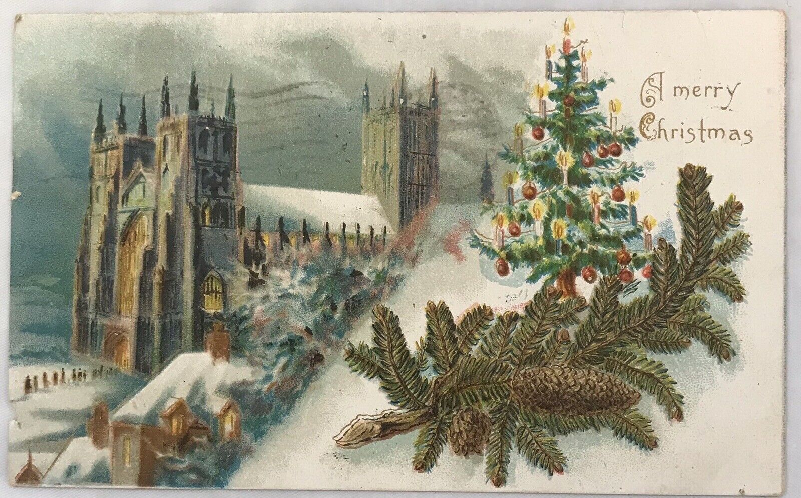 Fantastic Antique Christmas Postcard Church Village Tree And Greenery