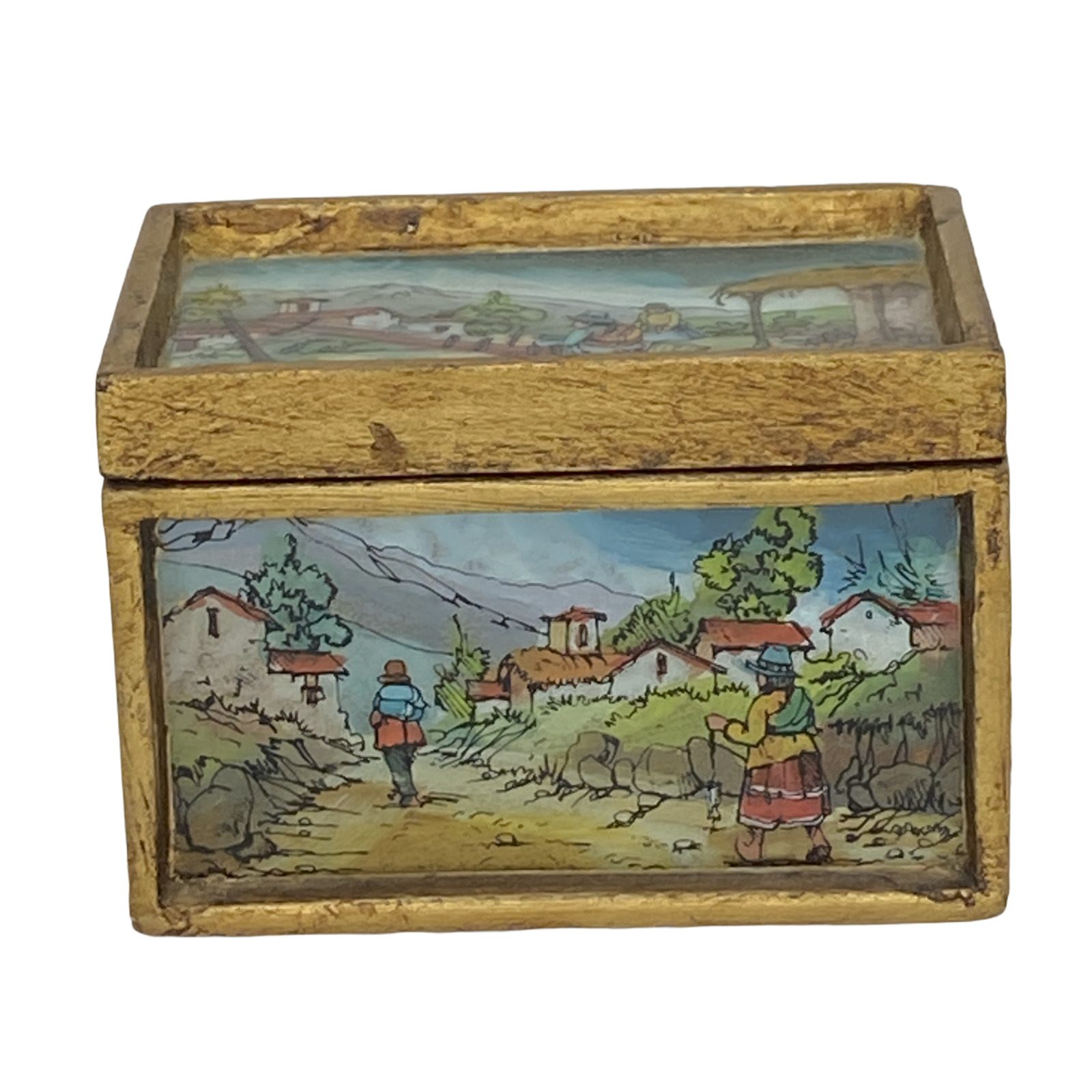 Vintage or Antique German Wooden With Glass Reversal Hand Painted Trinket Box 