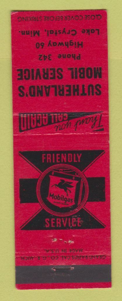 Matchbook Cover - Mobil oil gas Sutherland\'s Lake Crystal MN low phone #