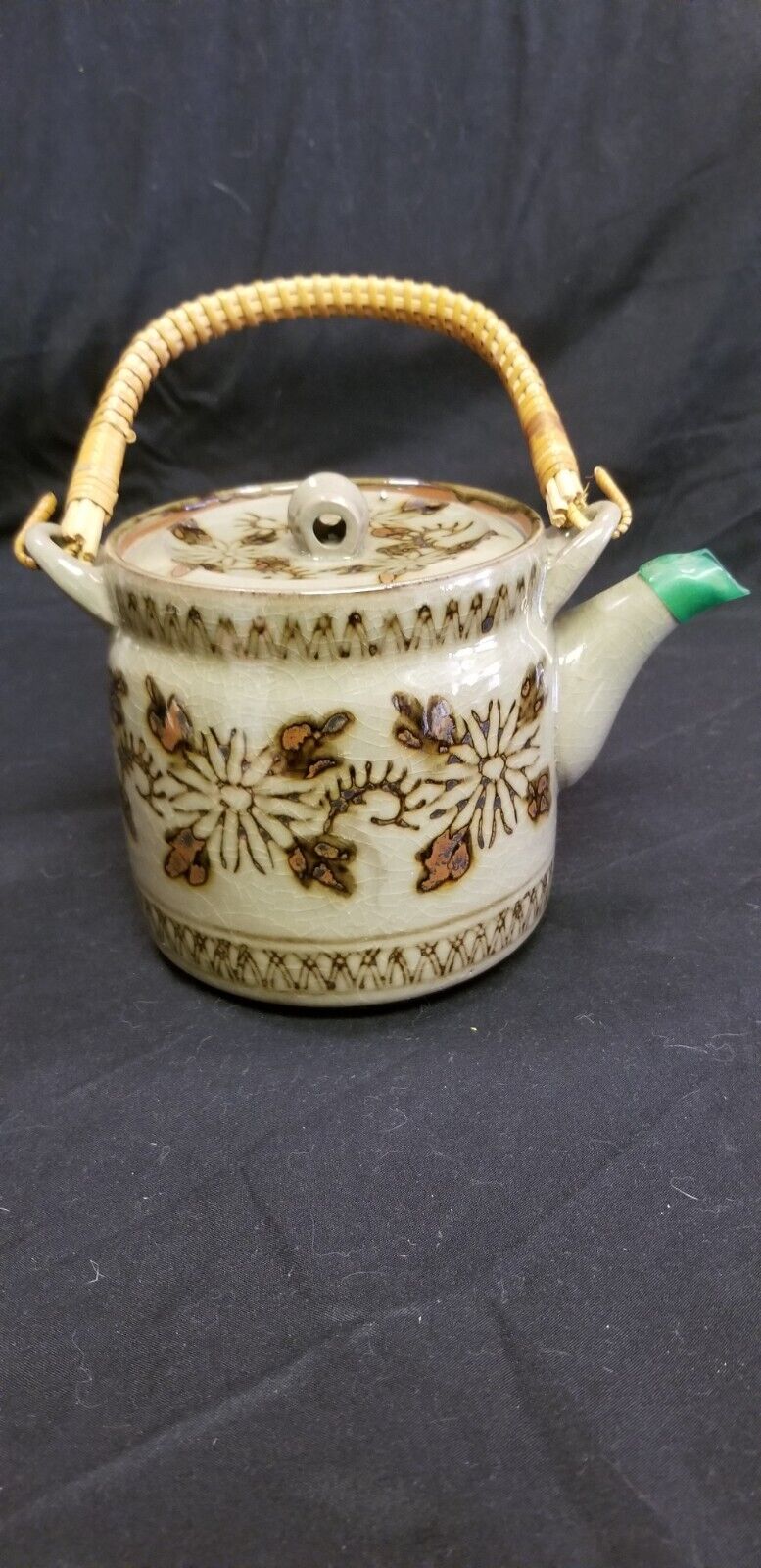 Vintage Japanese Green Ceramic Teapot Flowers Japan