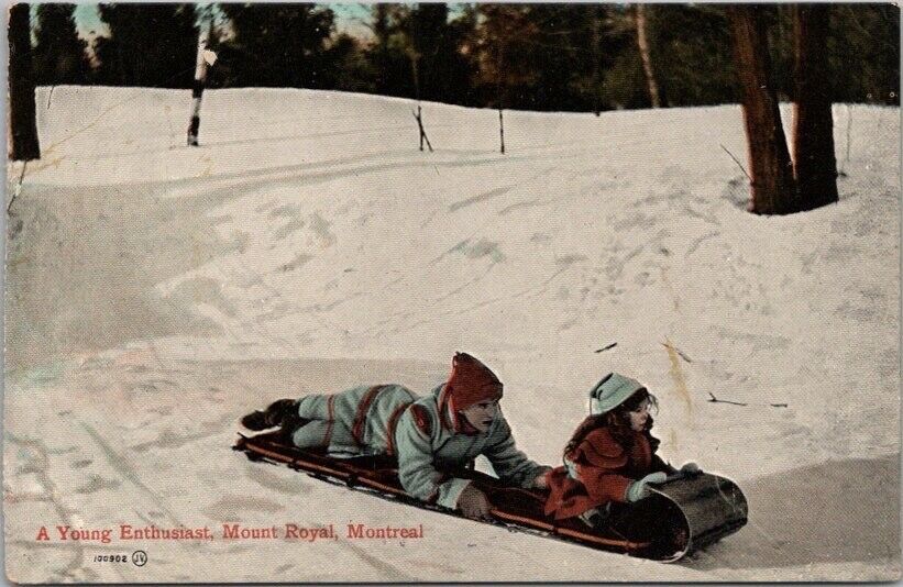 c1910s MONTREAL Quebec Canada Postcard Snow Sledding Scene, Mount Royal - Unused