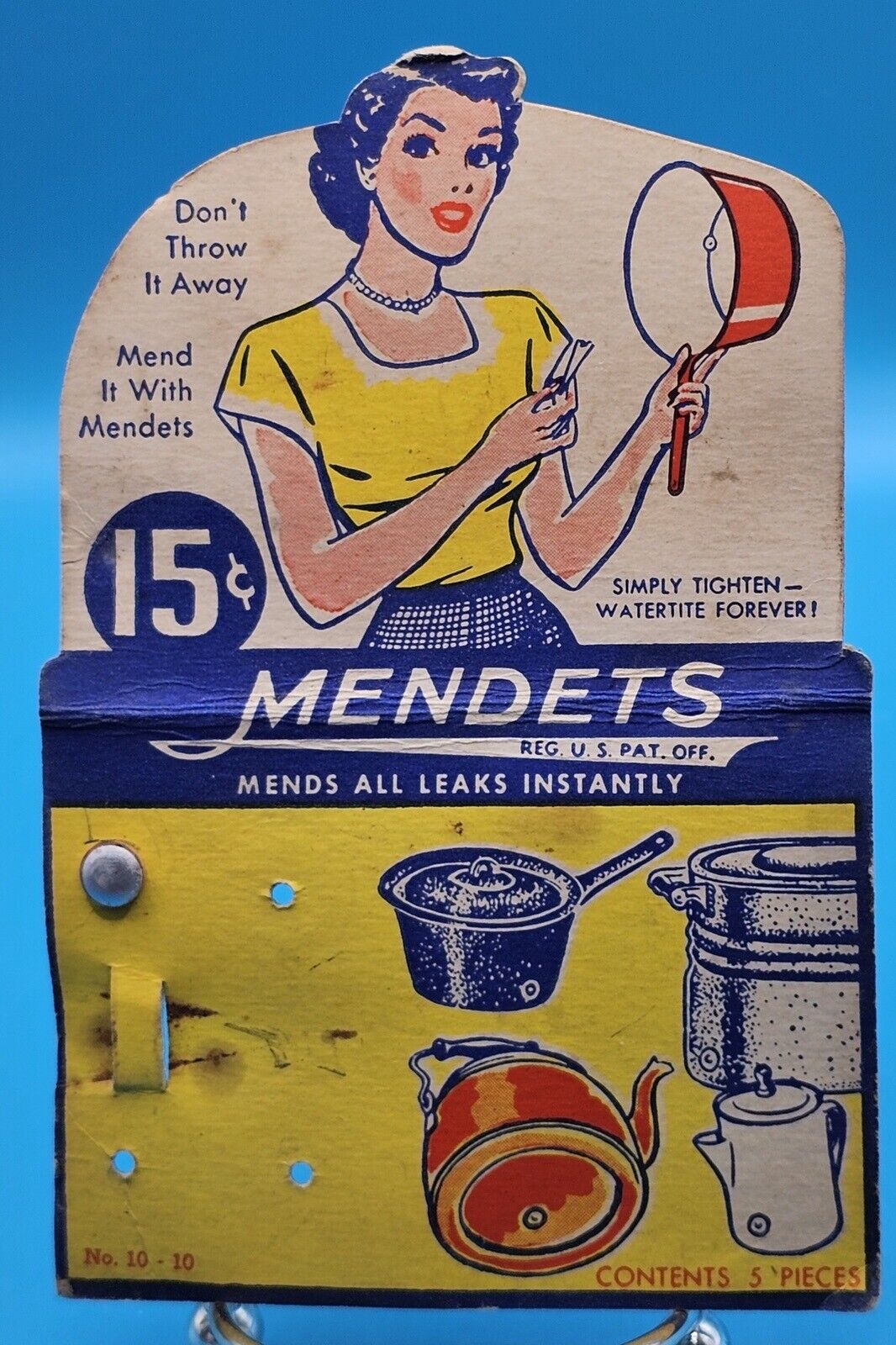 Mendets 1940s Mend It Pot Pan Leak Repair Vintage Girl Graphic Display Card
