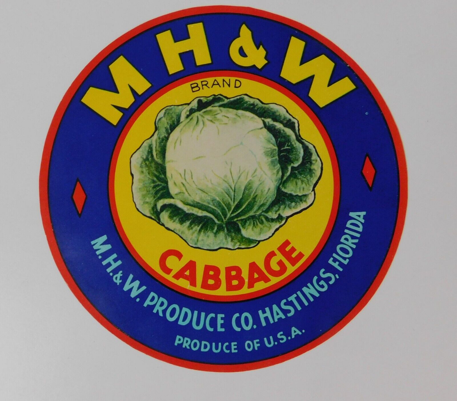 Vintage  M.H. & W.  Florida Cabbage Crate label ,Hastings, Florida..