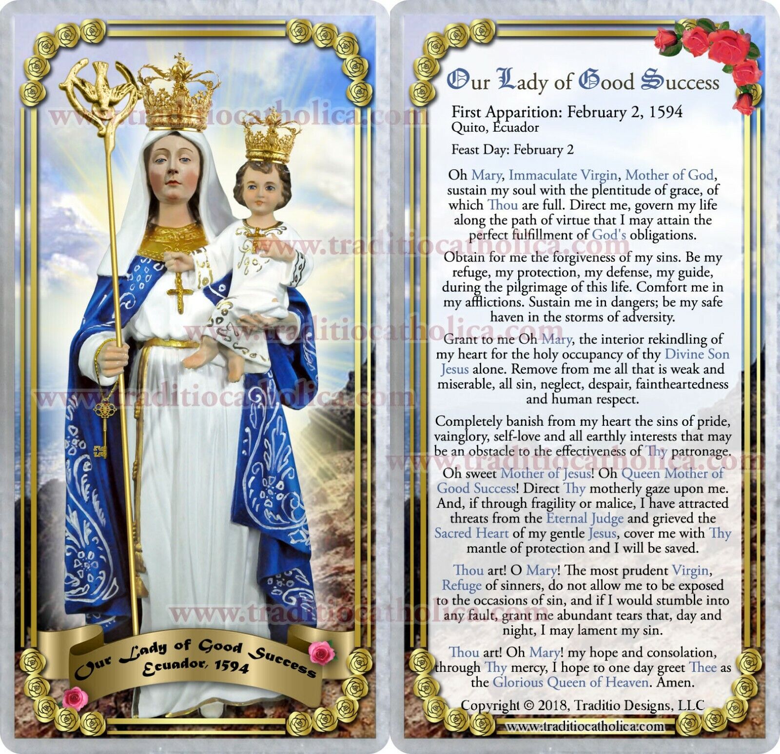 Our Lady of Good Success, Quito Ecuador laminated Catholic Holy Prayer Cards.