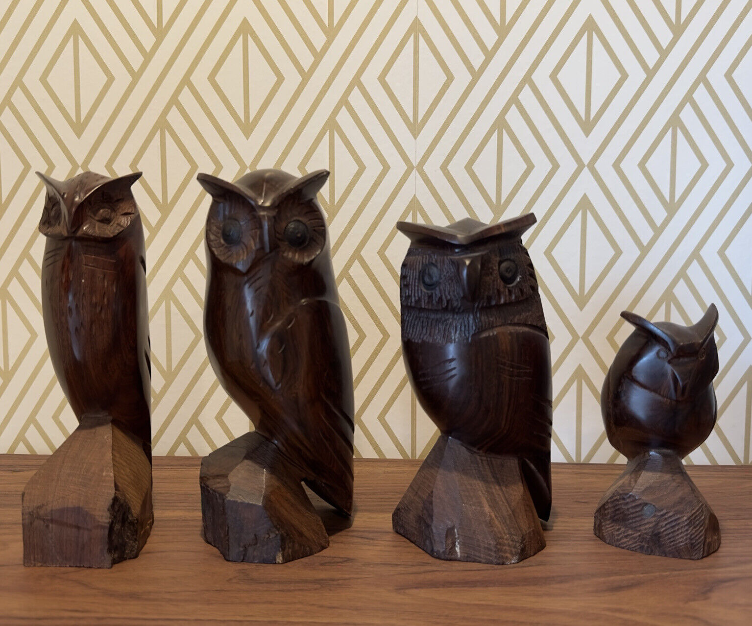 4Pcs Vintage Hand Carved Iron Wood Modernist Owls Mid-Century Made in Mexico