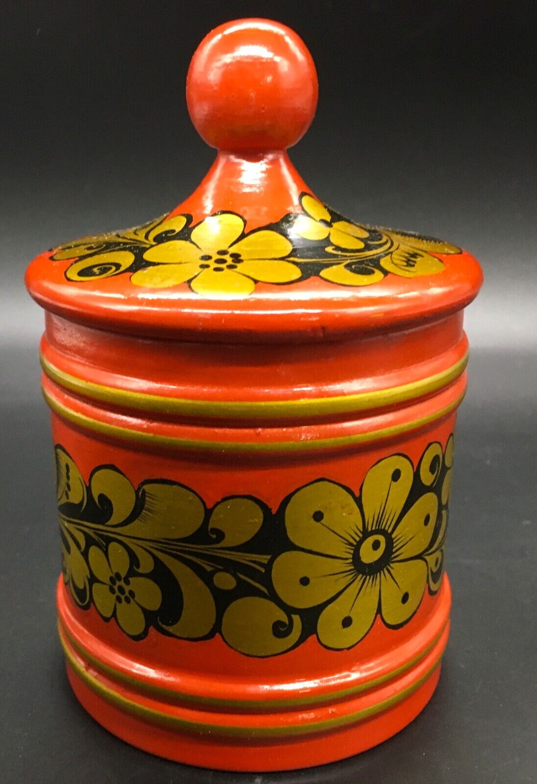 USSR 1984 lacquer lidded canister gold & black hand painted on rust red 5” X 3” 