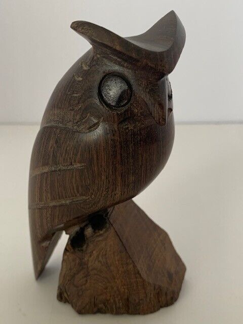 Hand carved wooden owl statue vintage pre-owned folk art 