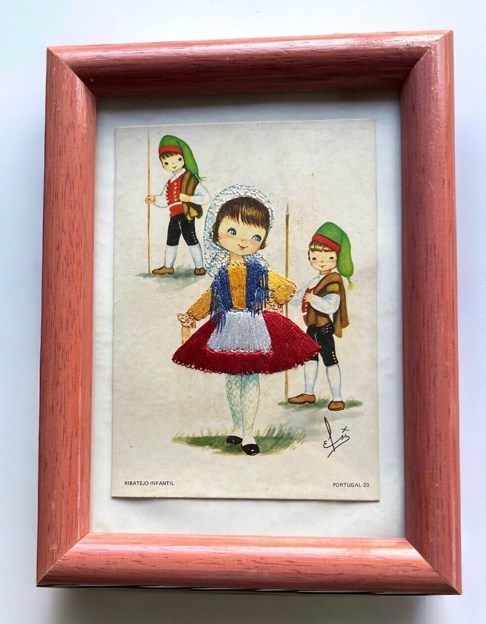 Artist Signed Silk Embroidered Postcard Portugal Ribatejo-Infantil Wood Frame