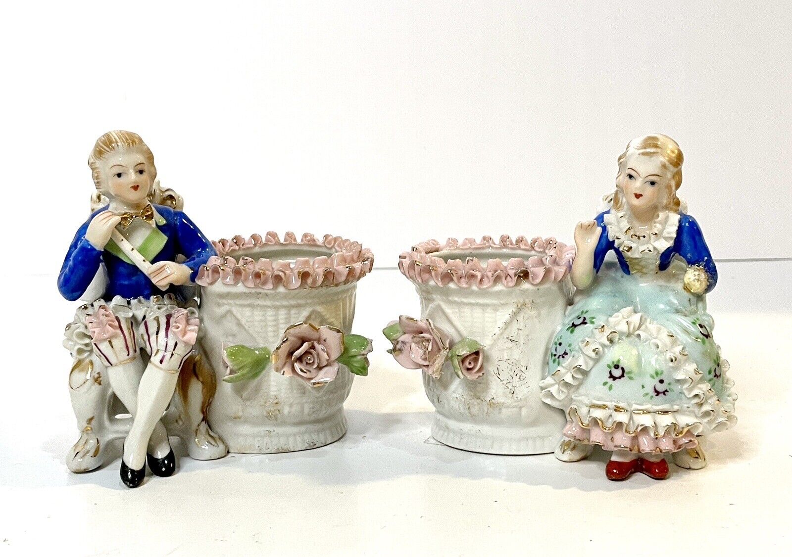 Vintage Pair Porcelain Victorian Courting Couple Figurines Ruffled Vases Japan