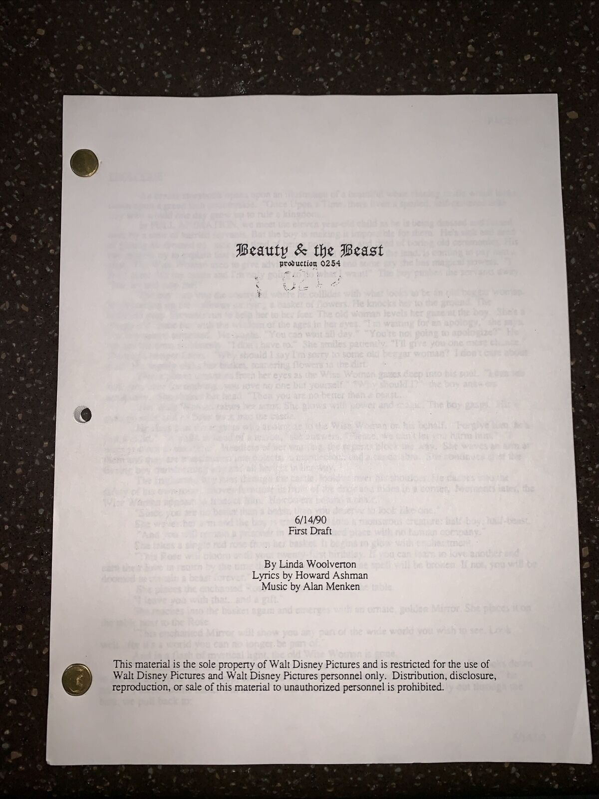 Beauty and the Beast Screenplay First Draft 6/14/90 In Amazing Condition